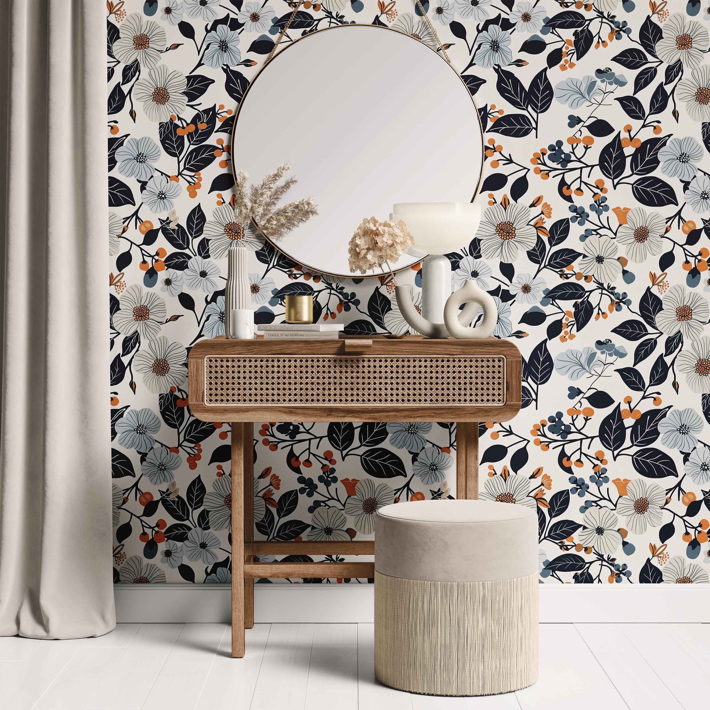 Navy Terracotta Floral Wallpaper, Bold Botanical Peel and Stick