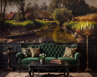 Vintage River Cottage Wall Mural, Antique Countryside Landscape Wallpaper, Rustic Farmhouse Decor, Cottagecore Wall Art, Peel and Stick
