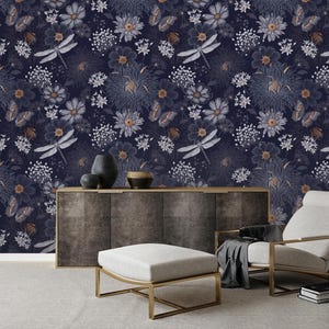 Navy Terracotta Floral Wallpaper, Bold Botanical Peel and Stick