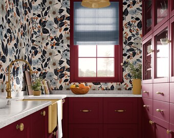 Navy Terracotta Floral Wallpaper, Bold Botanical Peel and Stick