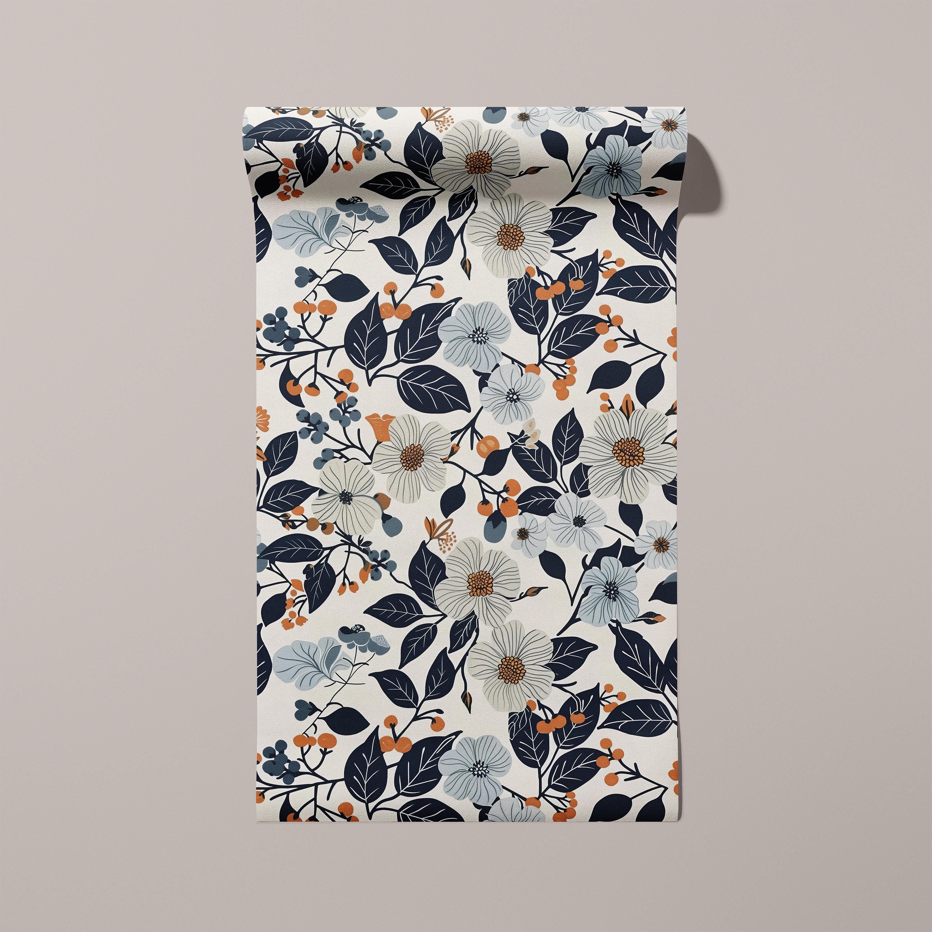 Navy Terracotta Floral Wallpaper, Bold Botanical Peel and Stick