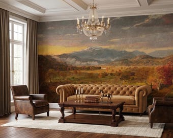 Vintage Autumn Mountain Wallpaper, Rustic Landscape Wall Mural, Classic Fall Nature Oil Painting Art,  Fabric/Vinyl Peel and Stick