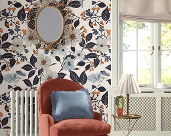 Modern Navy Terracotta Floral Wallpaper, Bold Botanical Peel and Stick, Dark Academia Wall Decor, Moody Boho Room Floral Pattern