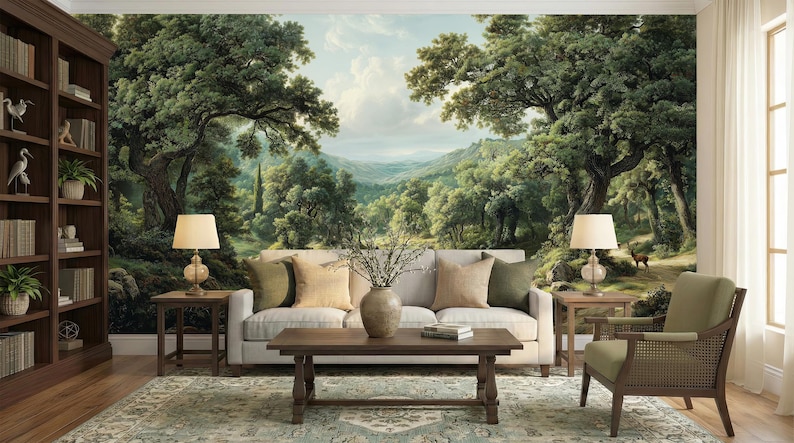Forest Wallpaper Mural, Woodland Landscape Wall Mural With Deer, Green ...