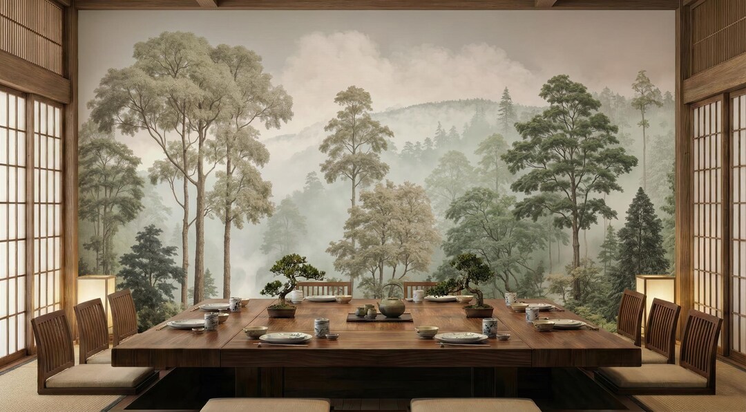 Misty Landscape Wallpaper, Foggy Woodland Mural, Sage Green Tree Decor ...