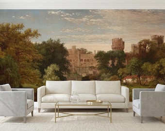 Vintage Castle Landscape Mural, English Countryside Wall Art, Dark Academia Wallpaper, Classic Oil Painting Peel and Stick Decor