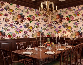 Vintage Floral Fruit Wallpaper, Botanical Peel and Stick, Grandmillennial Decor, Cottagecore Kitchen Pattern, Removable Floral Wallpaper