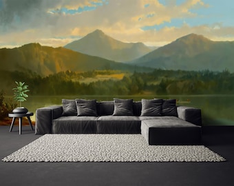 Vintage Mountain Lake Wallpaper, Scenic Landscape Mural, Rustic Nature Art, Peaceful Scenery Decor, Fabric Peel and Stick, Traditional