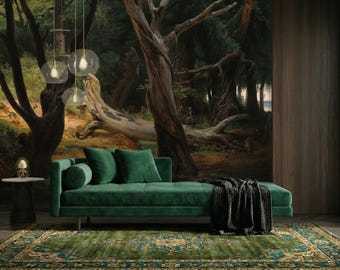 Vintage Dark Forest Wall Mural, Moody Tree Landscape Wallpaper, Gothic Nature Art, Dark Academia Room Decor, Large Print, Peel & Stick