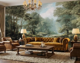 May include: A luxurious living room featuring a tufted mustard-colored sofa, leather armchairs, and a wooden coffee table. The room is decorated with a large mural of a forest scene, a chandelier, and lamps.
