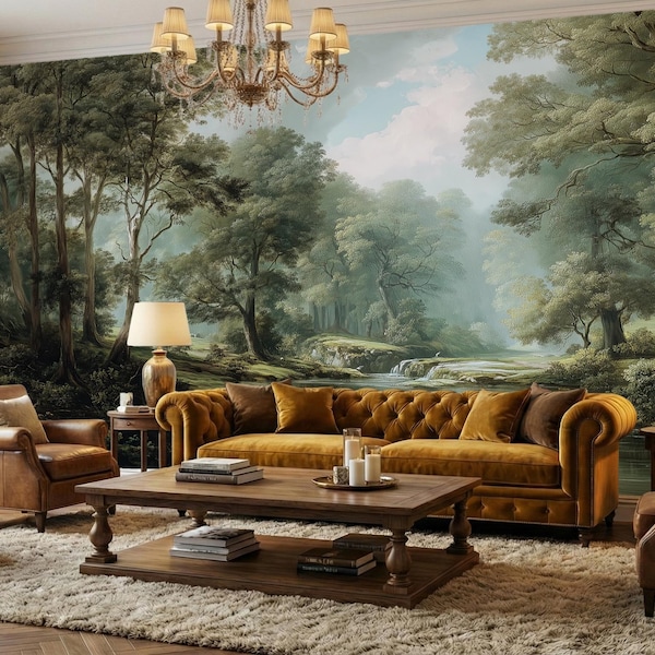 English Forest Wall Mural - Vintage Scenic Landscape Wallpaper - Removable Peel and Stick - Antique Oil Painting Style - Misty Woodland Art