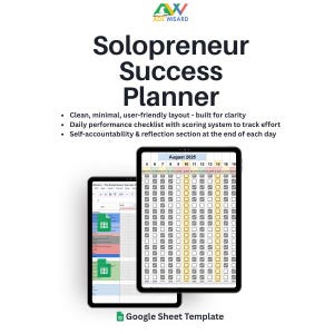 Könnte beinhalten: Zwei Tablets zeigen einen digitalen Planer namens "Solopreneur Success Planner". Der Planer hat ein klares Layout, eine tägliche Checkliste und einen Abschnitt zur Selbstverantwortung. Die Google Sheet-Vorlage ist ebenfalls sichtbar.