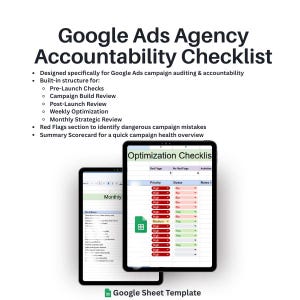 May include: Two tablets displaying a Google Ads Agency Accountability Checklist. The checklist includes sections for pre-launch checks, campaign build review, and weekly optimization. The text "Optimization Checklist" is visible on one tablet. The Google Sheet Template logo is at the bottom.