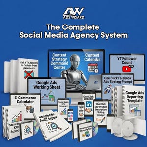 May include: A promotional image for a social media agency system. The image features a robot, laptops, notebooks, CDs, and smartphones. Text includes "The Complete Social Media Agency System", "Google Ads", and "Etsy Product Description Writing Prompt".