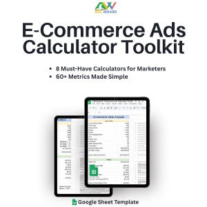 Puede incluir: Anuncio de un kit de herramientas de calculadora de anuncios de comercio electrónico. La imagen muestra dos tabletas que muestran hojas de cálculo con análisis de datos. El texto incluye "8 calculadoras imprescindibles para los vendedores" y "60+ métricas simplificadas".