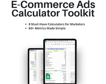 Peut inclure: Publicité pour une boîte à outils de calculatrice de publicités e-commerce. L'image montre deux tablettes affichant des feuilles de calcul avec des analyses de données. Le texte comprend "8 calculatrices indispensables pour les spécialistes du marketing" et "60+ métriques simplifiées".