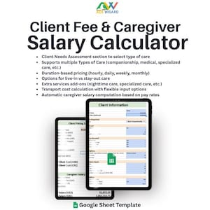May include: Two tablets displaying a "Client Fee & Caregiver Salary Calculator" with features like care type selection, duration-based pricing, and extra service add-ons. The Google Sheet Template is visible at the bottom.
