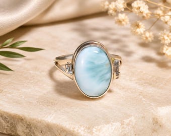 925 Sterling Silver Larimar Gemstone Ring for Women | Handmade Statement Ring