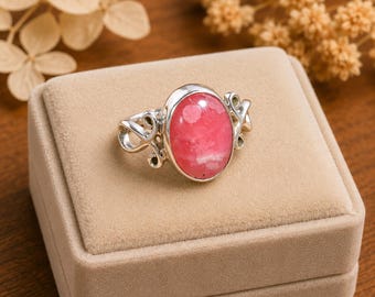 925 Sterling Silver Pink Rhodochrosite Gemstone Ring for Women | Handmade Statement Ring