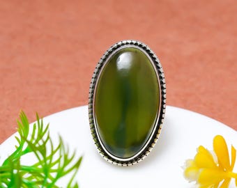 Handmade Serpentine Gemstone Ring – Twisted  Solid 925 Sterling Silver Band