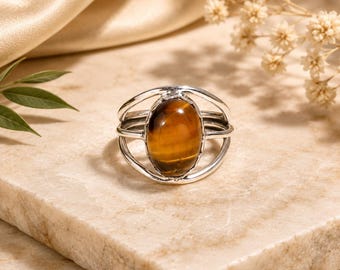 925 Sterling Silver Tiger Eye Gemstone Ring for Women | Handmade Statement Ring