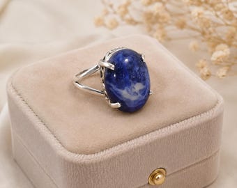 925 Sterling Silver Blue Lapis Gemstone Ring for Women | Handmade Statement Ring