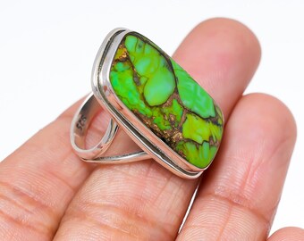 Green Copper Turquoise Ring, Handmade Solid 925 Sterling Silver  Statement Ring