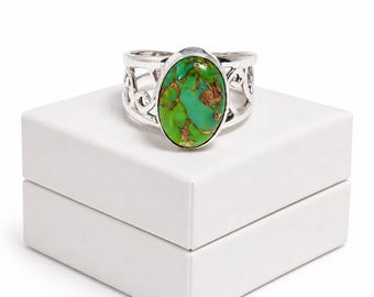 925 Sterling Silver Green Turquoise Gemstone Ring for Women | Handmade Statement Ring