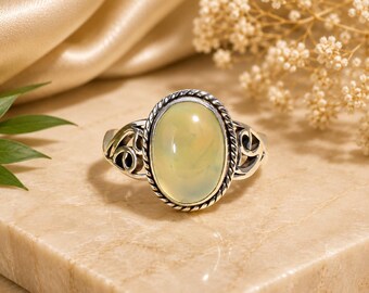Natural Prehnite Gemstone Handmade 925 Sterling Silver Ring | Oval Cabochon Statement Ring | Boho Vintage Jewelry Gift for Women
