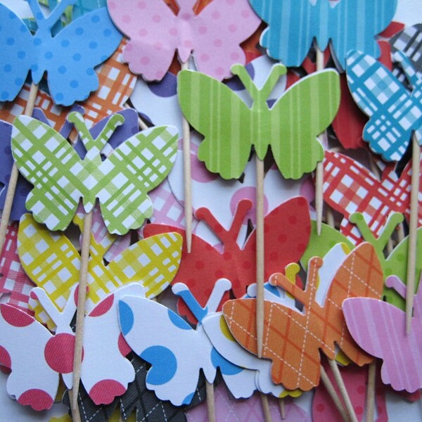 50 Large Mixed Colors & Classic Patterned Butterfly Party Picks - Cupcake Toppers - Toothpicks - Food Picks - die cut punch FP269