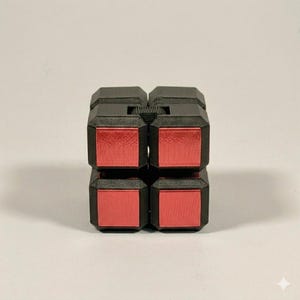 May include: A black and red fidget cube puzzle toy composed of eight smaller connected blocks. The structure features a matte black frame with metallic red square panels on the front faces, showing a grid of four distinct red squares.