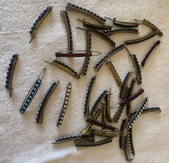Vintage Black Enamel Hair Clips | Colorful Rhinestones 70s 