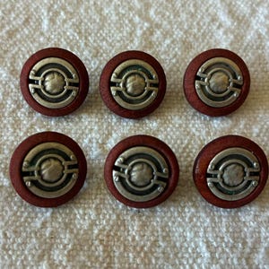 Può includere: Un set di sei bottoni circolari caratterizzati da un anello esterno in legno marrone rossastro scuro e un inserto centrale in metallo color argento. Il componente metallico presenta un piccolo centro circolare circondato da un anello con due barre.