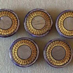 Może przedstawiać: Pięć okrągłych ozdobnych guzików. Każdy guzik ma złoty wzór wieńca laurowego wokół centralnego srebrno-szarego okręgu, osadzony w fioletowo-niebieskiej obwódce. Guziki są ułożone w okrąg.