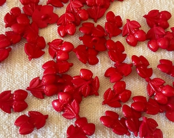 Vintage Red Acrylic Cherry Leaf Buttons, 12 24 50 Pieces, Retro Fruit Buttons, Floral Sewing Supplies, Vintage Craft Embellishments