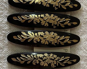 Vintage, 6 x cheveux barrettes, cheveux épingles, retro de los años 70/80, negro y dorado, 6,5 cm de largo, clip delcia france, clip updo clásico