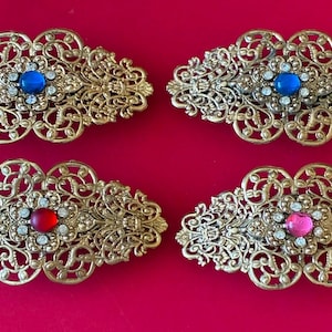 Vintage Gold Filigree Garment Clasp | Ornate Metal Cape Hook | Blue Ruby Red Pink Glass Stone | Decorative Dress Closure Old Stock