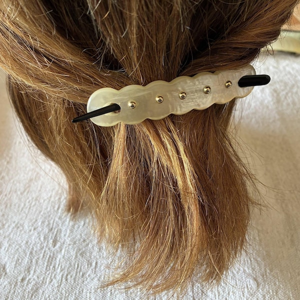 Vintage Mother of Pearl Hair Barrette with Gold Studs, Minimalist French Style Hair Clip, 90s Elegant classic updo clip, rectangular