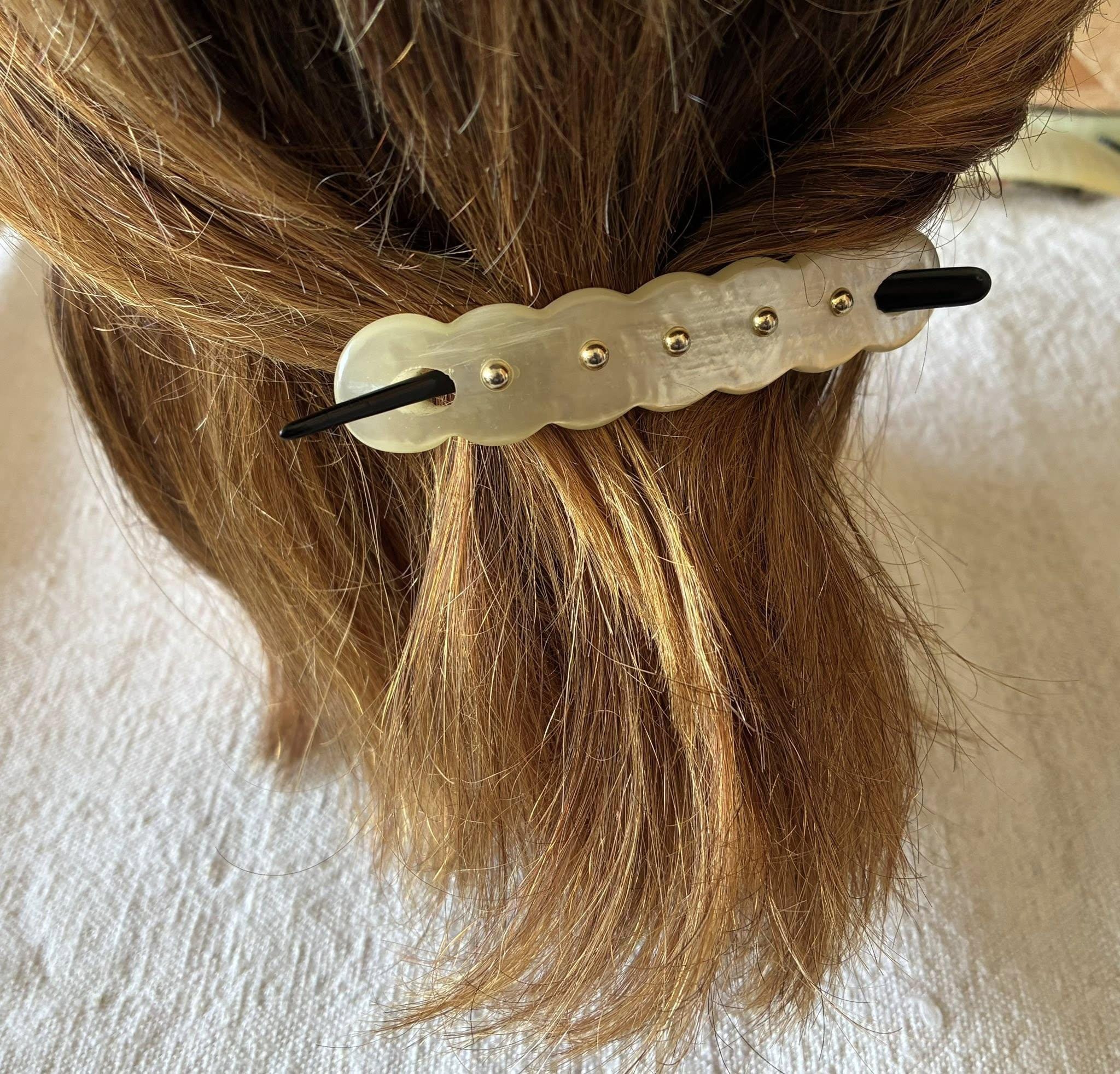 Vintage Mother of Pearl Hair Barrette With Gold Studs, Minimalist