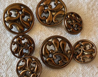 Vintage Acrylic Buttons Set of 7, Bronze Brown Decorative Buttons, Ornate Scroll Design, Retro Sewing Supplies, Old Stock Craft Buttons