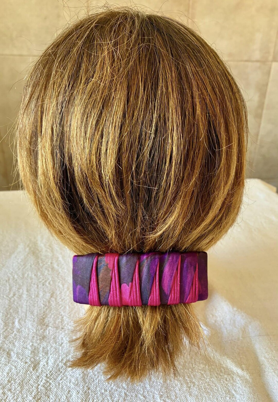Updo Barette Vintage 90s Oversized Fabric Hair Barrette 11cm – Pleated Purple & Pink ...