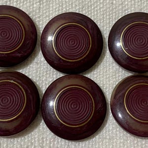 Può includere: Sei bottoni rotondi, bordeaux scuro, con un disegno a spirale al centro. Ogni bottone ha un anello color oro attorno alla spirale. I bottoni sono disposti in due file da tre.