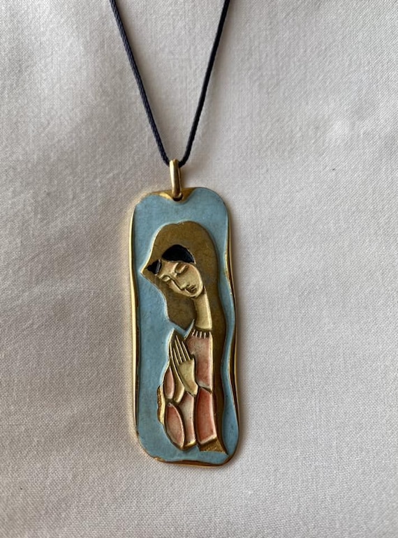 Vintage DAG Spain Modernist Virgin Mary Pendant | Signed David Grau | Hand Painted virgin mary medal, enamel art jewelry, statement pendant
