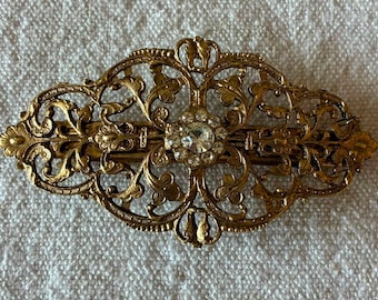 Vintage Gold Tone Hair Barrette 83mm, Ornate Floral Filigree Hair Clip, Rhinestone Hair Accessory, Romantic Baroque Style, Retro Hair