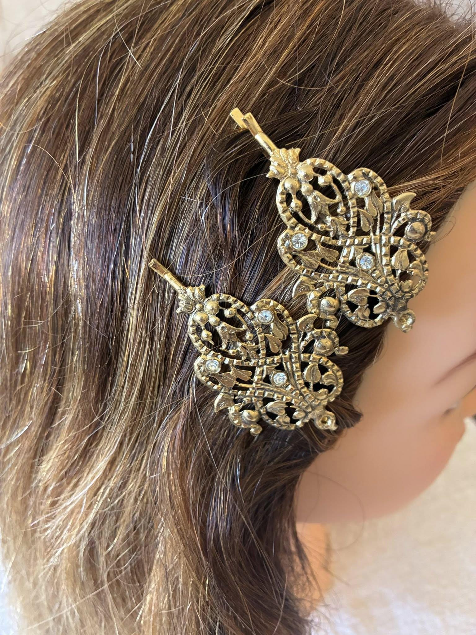 Vintage French Gold Filigree Hair Barrettes Pair  display picture 2