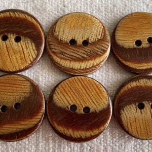 Pode incluir: Seis botões redondos de madeira com dois furos cada. Os botões têm um centro castanho claro com uma borda castanha mais escura, mostrando um padrão de grão de madeira natural. Adequados para costura e projetos de artesanato.