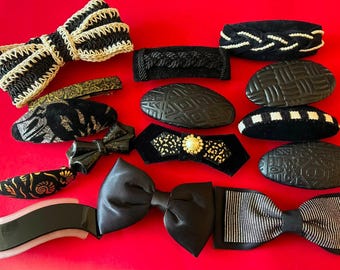 Spinki do włosów w stylu vintage w kolorze czarnym, wybór 12 francuskich spinek do włosów, owalna spinka do włosów, złota satynowa kokarda z kwiatowym wzorem, retro akcesorium do włosów