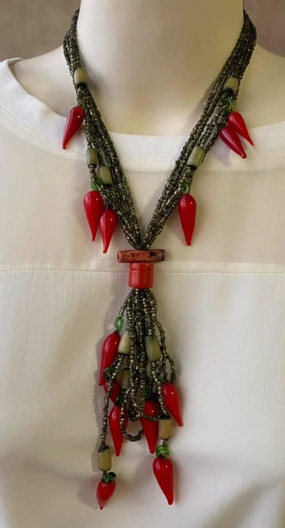 Handmade Glass Red Chili Pepper Necklace & Earrings Set | NWT Artisan Crafted Beaded Jewelry | latin style jewelry, summer fiesta set