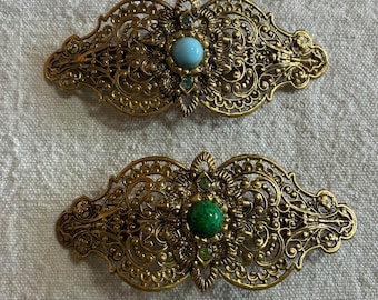 Large Vintage Gold Filigree Hair Barrette Blue Stone Statement Piece 115mm clip, classic updo clip, barrette, paired hair clips, classic upd