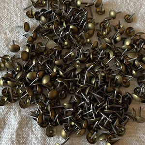 Può includere: Un mucchio di chiodini da tappezzeria in ottone antico con teste arrotondate e gambi argentati. I chiodini sono sparsi su una superficie strutturata bianco sporco, creando un'estetica vintage. Ideali per il restauro di mobili e progetti artigianali.